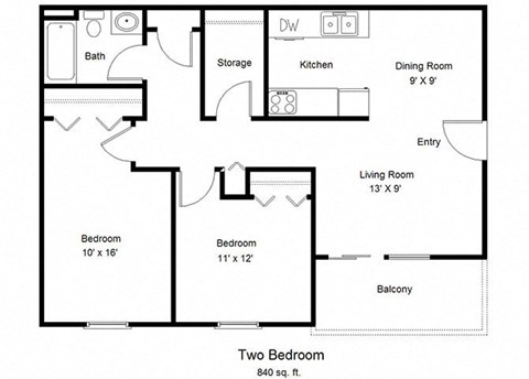 Floor plan for 2 beds, 1 bath, 840 sqft